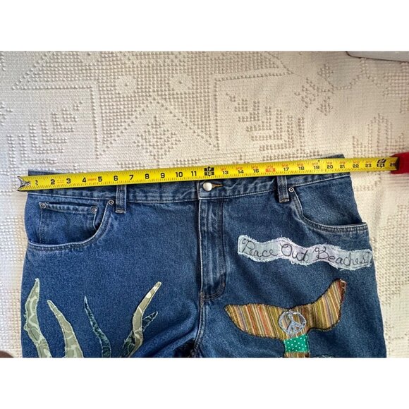The Scrappy Camper Women Jeans Sz XXL Upcycled Patchwork Boho Festival Peace Out - Picture 13 of 16